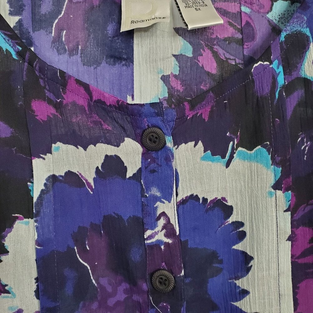 Roamans NWOT Sz 5X Tunic Button Blouse Floral Print Gauzy Crinkle Cotton Purple - Picture 7 of 12
